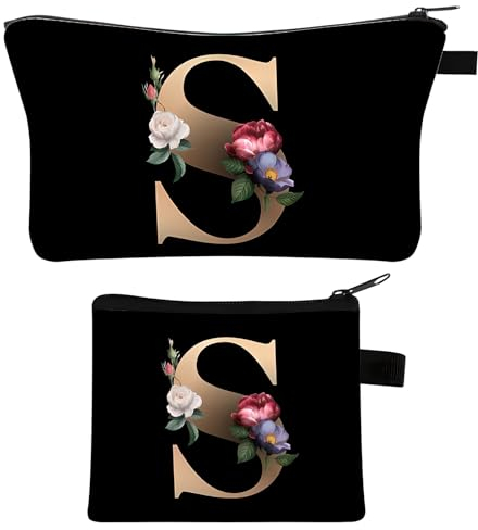2 Stück Personalisierte Make Up Tasche, Geschenke für Freundin Mütter, A-Z Personalisierte Damen Kosmetiktasche, Geburtstagsgeschenke für Frauen, Beste Freundin, Initiale Schminktäschchen (S)