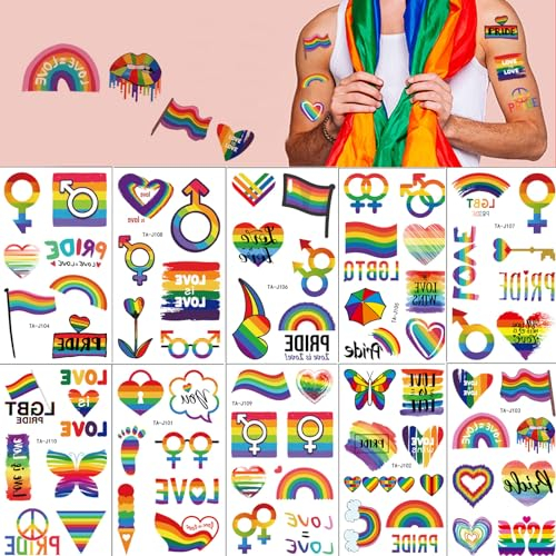 ALEGRE® 10 Blätter Regenbogen Tattoos Erwachsene Kinder, 65 + Progress Pride Tattoos,Lgbtq Sticker, Progress Flag Tattoos zum Aufkleben,Temporäre Lgbt Aufkleber,Lesbian Accessoires Deko,Kindertattoos