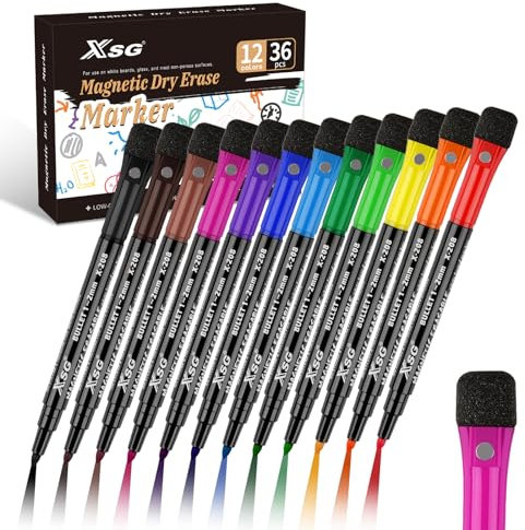 ABEIER Whiteboard Marker, schwamm Whiteboard stifte,Boardmarker mit Schwamm Magnete, Dry Erase Marker Trocken Abwischbar Trocken Abwischbar, Rundspitze 1-2mm, Perfekt für Zuhause Schule Büro36er Pack