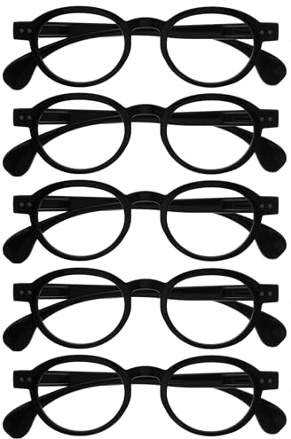 OPULIZE OCA Lesebrille - 5er-Pack - Moderne Runde Retro-Fassung - Schwarz - Herren Damen - Federscharniere - RRRRR54-1 - +2.00