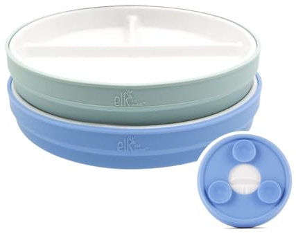 Elk and Friends Kids 6.7” Porcelain White Divided Plates with Silicone Suction Sleeves | Suitable for Babies/Toddlers | Microwave & Dishwasher Safe | Stay Put Dinnerware | Snack Dishes | 2 Pack