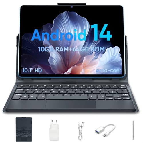 JIKOCXN Tablet 10.1 Zoll Android 14 Tablet, 10GB RAM+64GB ROM 1TB Erweiterung, Octa Core Tablet mit Tastatur, 1280 x 800 FHD Bildschirm, 8000mAh Akku, Dual Kamera, WiFi (Blau)