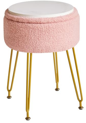IBUYKE Teddy Velvet Storage Footrest Stool Ottoman, Makeup Vanity Stool Side Table with Removable Cover, Golden Steel Legs, Coffee Table Top Cover, Pink WBD010P
