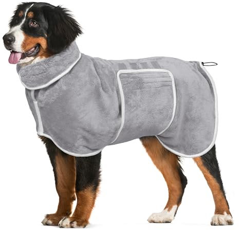 Hunde-Bademantel, Trockenmantel, super saugfähiger Bademantel für große Hunde, weiches, verstellbares Halsband und Bauchgurt, schnell trocknend, Haustierhandtuch für Hunde und Katzen, Grau, Größe L