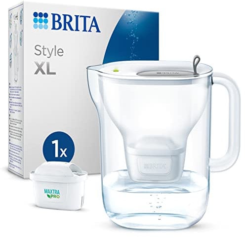 BRITA Carafe filtrante Style XL gris (3,6 L) - Contient 1 filtre MAXTRA PRO Pure Performance - Grande capacité, clapet inclinable, indicateur LED, filtre réduit le chlore, le calcaire et les impuretés