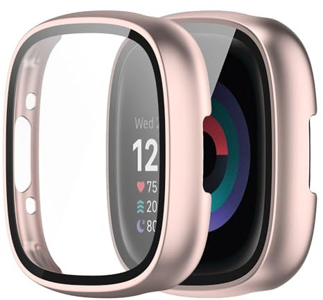 YAODLE Hülle für Fitbit Sense 2/Versa 4 Schutzhülle,PC Ultradünne HD Hartglas Glas Kratzfest 360° Rundum Displayschutz (Roségold)