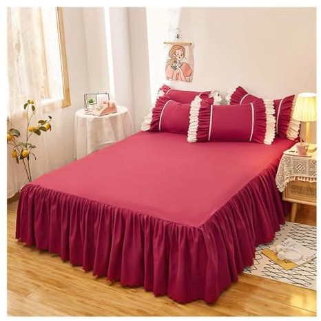 VONCYKI 1/3 x Rüschen-Bettrock, elastisches Band, einfarbig, Matratzenbezug, Tagesdecke, Einzelbett/Queen-Size-Betttuch oder 2 Kissenbezüge (Burgunderrot, 1 x Rock 180 x 200 cm)