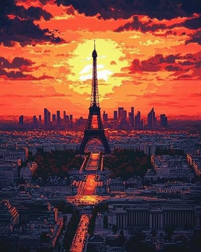 ANSIWEIGO Malen-nach-Zahlen-Set für Erwachsene,Paris,Frankreich bei Sonnenuntergang,einfaches Malen nach Zahlen zum Selbermachen,Acrylbild,Kunst und Handwerk,40x50 cm,ohne Rahmen