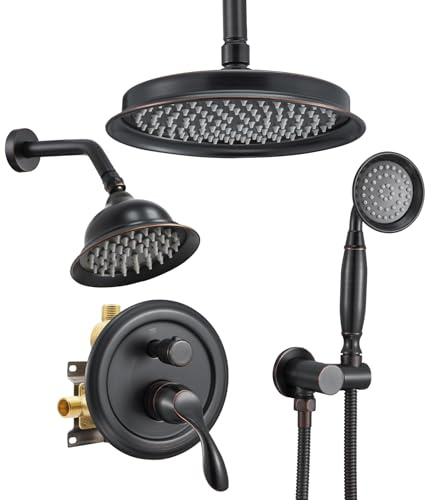 DASAN AT3096C-ORB Antikes Doppelduschkopf-Set, ölgeriebene Bronze, Dual-Regenduschkopf-System, komplette Duscharmatur-Kombination, 22,9 cm und 15,2 cm Dual-Überkopfbrause mit Handbrause, Ventil und