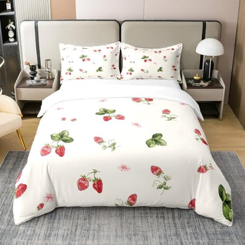 Loussiesd Erdbeere 100% Baumwolle Bettwäsche Set 200x200cm Kawaii Bettbezug Set für Nette Betten Set Anime Betten Set Weiß Bettwäsche-Set