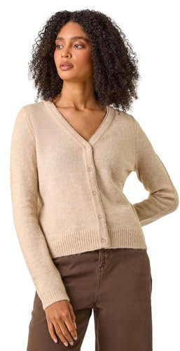 Roman Originals Shimmer V-Neck Ribbed Cardigan for Women UK - Ladies Everyday Autumn Winter V-Neckline Comfy Soft Evening Vacation Work Party Night Out - Natural - Size S