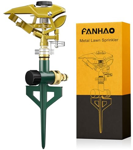 FANHAO Robuster Rasensprenger auf Erdspieß, Pulsationssprenger aus Metall, Impulsprenger zur Bewässerung Flächen bis 540 m², 360° drehbar für große Flächenabdeckung