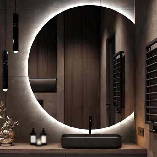 LTSRLL Specchio da Bagno Rotondo A LED A Mezzaluna con Luci Specchio A Figura Intera per Il Trucco Antiappannamento Senza Cornice Semicircolare per Ingresso A Parete(Left,63x70cm)