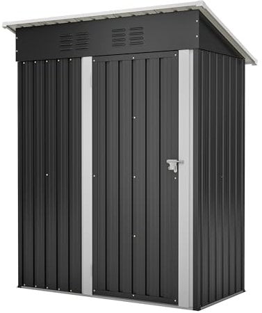 Thanaddo Geräteschuppen Gerätehaus 152 x 84 x 182 cm, 1,5m³ Stauraum wetterfest Gartenschuppen aus Metall, Pultdach mit Belüftungslöcher Abschließbarer Tür für Outdoor Garten Schuppen, Anthrazit