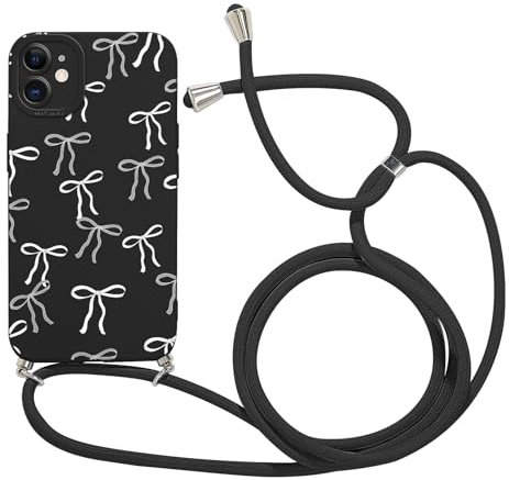 Kueqeay Funda con Cuerda para iPhone 11 6,1, Suave TPU Silicona Carcasa Patrón de Atar Negro con Colgante Ajustable Collar Correa de Cuello Cadena Cordón Cover Case y Motivo, 02
