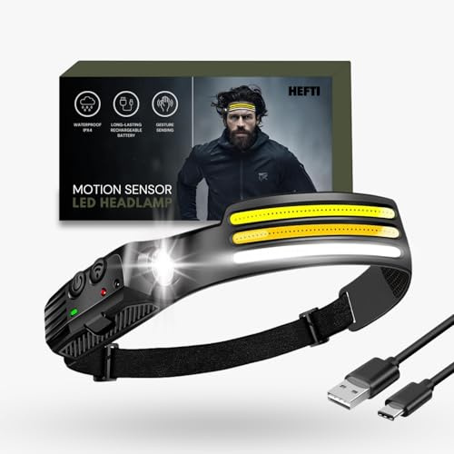 HEFTI Rechargeable Head Torch – Super Bright, Wide Beam LED, Red Light Feature, Waterproof, Motion Sensor, Lightweight for Running, Hiking, Dog Walking, Helmet Use, Reading, Camping, & DIY