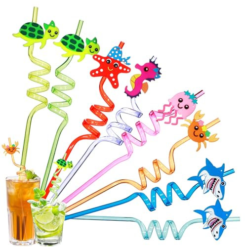 8 Stück Strohhalme Kinder, Wiederverwendbare Strohhalm, Meerestiere Strohhalme Kindergeburtstag, Farbige Trinkhalme Plastik, Plastikstrohhalme für Kindergeburtstagsparty-Dekoration (Meerestiere-8pcs)