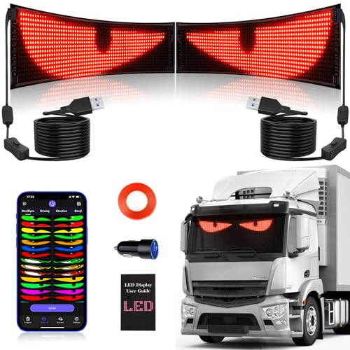Kjoy Lot de 2 lumières LED synchronisées Yeux du diable pour camion, écran LED flexible de 60 x 12 cm pour fenêtre de voiture, panneau LED numérique programmable à défilement numérique, lumières