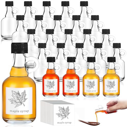 YFNVH 24 Pack 50 ml Glass Maple Syrup Bottles with Loop Handle Mini Clear Syrup Bottles Bulk Small Reusable Jars Container with Black Lids and Stickers for Sauce Milk Juice Oil Gift, 1.7 oz