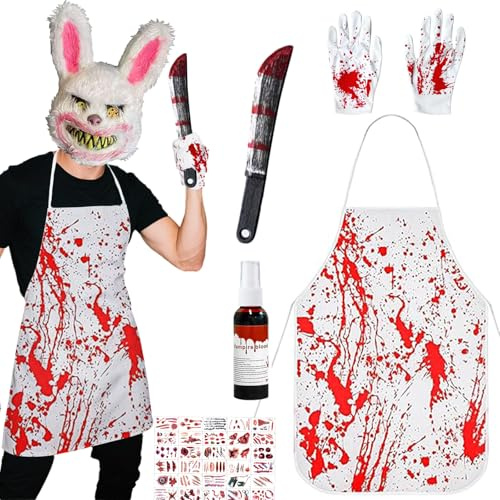 Moizkna Horror Hase Kostüm für Erwachsene, Gruselige Halloween Maske mit Metzgerschürze, Machete, Horror Tattoo Narben & Handschuhen, Unisex – Erwachsene, Halloween Kostüm Herren, Damen, Einheitsgröße