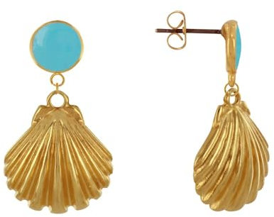 LES POULETTES BIJOUX - Boucles d'Oreilles Laiton Doré Rond Coloré et Coquille Saint Jacques - Turquoise