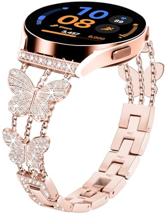MaEiol 20mm Bracelet Métal pour Samsung Galaxy Watch FE 40mm /Galaxy Watch 7/6/5/4 40mm 44mm /6 Classic 43mm 47mm /5 Pro 45mm, Bracelets Acier Inoxydable Strass Paillettes Papillon pour Femmes