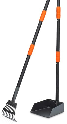 Niubya Ramasse crottes pour Chiens - Pelle métallique à Manche Long réglable (jusqu'à 96 cm), Pooper Scooper kit avec bac et râteau pour faciliter Le ramassage des déchets Animaux, Lot de 2