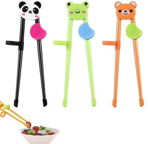 KEWUF 2 Pares Palillos para Niños, Palillos para Principiantes, Palillos Chinos Reutilizables, Finger Chopsticks, Palillos de Entrenamiento de Diseño de Dibujos Animados Lindos (Oso, Panda, Rana)