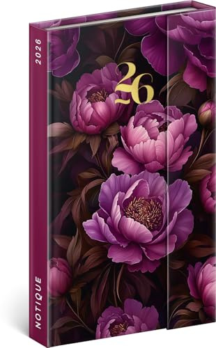 NOTIQUE Taschenkalender 2026 ca. A5 - Premium Wochenplaner mit Magnetverschluss, 144 Seiten Terminkalender, Hardcover Buchkalender mit Monatsübersicht, Terminplaner (Lila Blumen)