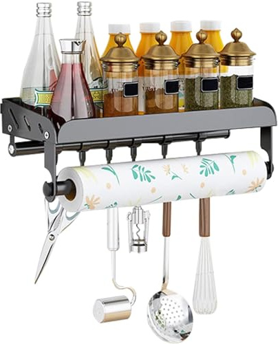UUE Gewürzregale Wand, Gewürzregal mit Küchenrollenhalter und 8 Haken, 40cm Gewürzregal Hängend, Küchenregal Ohne Bohren aus Edelstahl, Küchen Gewürzregale für Küchen und Bad Organizer, Schwarz