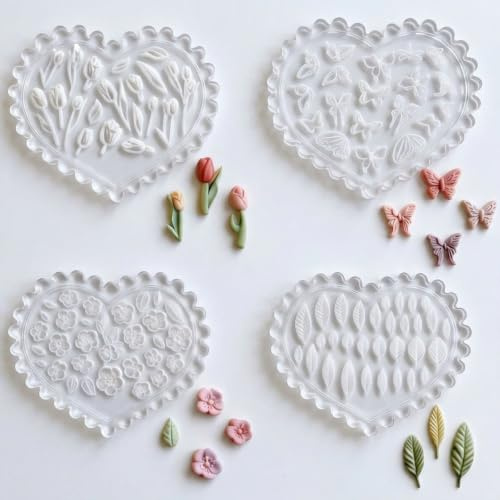 Aiyraa 4Pcs Polymer Clay Moulds, Silicone Flower Moulds for Crafting, Peach Blossom, Tulip, Butterfly, Leaf Design, Air Dry Clay Cutters for Jewelry Making, DIY Earring/Keychain，Nail Art