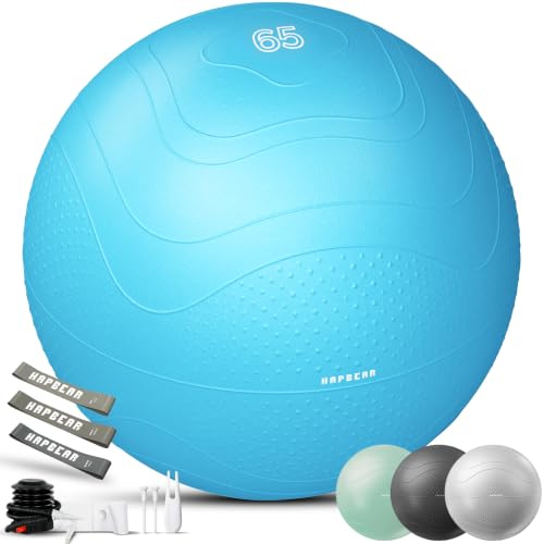 HAPBEAR Gymnastikball & Sitzball (55/65/75 cm) – Anti-Burst, rutschfest Mit Massage-Noppen, Extra Dickes PVC, Bis 200 Kg – Komplettset Mit Fußpumpe & 3 Widerstandsbändern für Fitness, Büro & Yoga