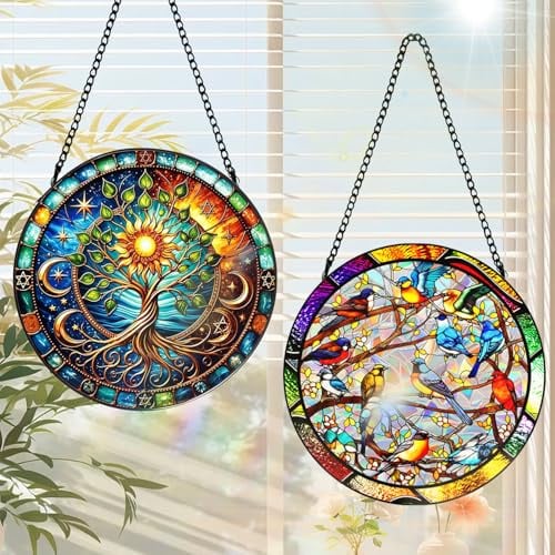 2pcs Attrape-Soleil en Vitrail à Suspendre, 20cm Attrape Soleil Vitrail Arbre de Vie, Attrape-Soleil Colibri, Attrape-Soleil en Acrylique avec Chaîne à Suspendre pour Fenêtre, Terrasse, Mur, Jardin