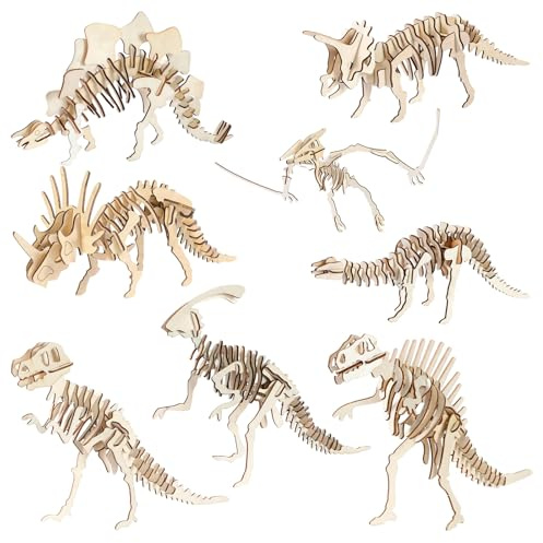 YunBey 3D-Holzpuzzle Dinosaurier – 8er-Set | 8 Dino-Skelette, lasergeschnittenes Holz, steckbar ohne Kleber, DIY-Bastelset für Kinder ab 6, Deko & Geschenk