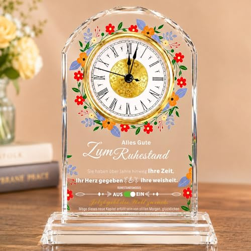 AmeriTop Kristall Tischuhr Damen Ruhestand Abschiedsgeschenk Kollegin | Glattgeschliffenes Kristallglas, Abschiedsgeschenk für Chef, Kollegen, Lehrer oder Arzt, Elegante Tischdekoration