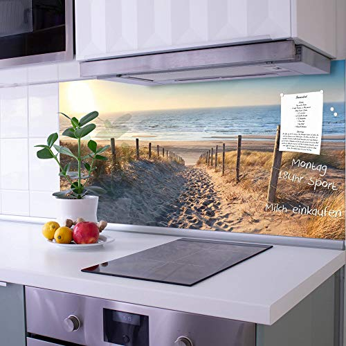 banjado Küchenrückwand Glas ohne Bohren 120x60cm – Glasrückwand Küche mit Motiv Nordseestrand/Spritzschutz Küchenrückwand Glas/selbstklebende Küchenrückwand Platte - magnetisch & beschreibbar