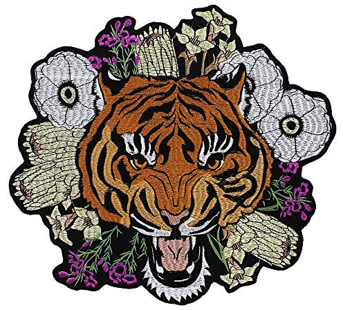 Stickerei Brüllender Tigerkopf Patches Blumen Stoff Rückenaufnäher Motiv Applikation Bügelbilder für Kleidung Jacke 1 Stück