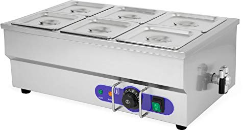vertes Bain Marie Chauffe Plat électrique Professionnel 1500W en INOX (INCL. 4X 1/6 GN Récipient avec Couvercle pour 3X 1.6L, Robinet de Vidange, Température 50 à 200°C, Pieds en Caoutchouc)