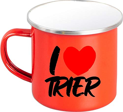 Shirtinstyle Emaille Kaffeepott Tasse I Love Trier, Kaffeetasse Becher Retro Camping, Farbe Rot