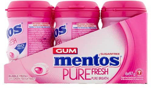 Mentos Sugar Free Chewing Gum, Pure Fresh Bubble Fresh With Green Tea Extract Bottle, 50 Gum Pieces Per Bottle (Pack of 6)