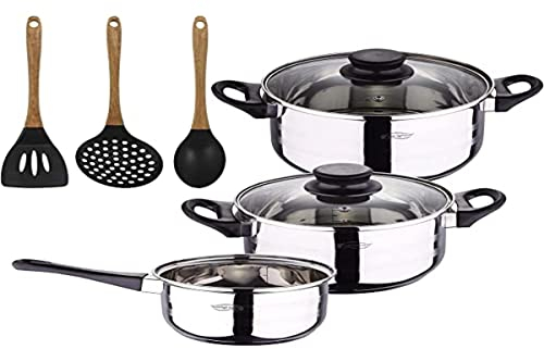 Bateria de cocina 5 piezas San Ignacio de acero inoxidable con set de 3 utensilios de cocina en silicona Foodies