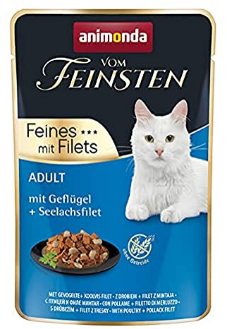 animonda vom Feinsten mit Filets, Katzenfutter nass mit Geflügel + Seelachsfilet, 18 Portionsbeutel (18 x 85g), getreidefreies Katzen Nassfutter ohne Zucker, mit fleischigen Zutaten
