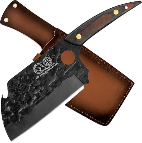 XYJ Full Tang 7 Inch Meat Knife Butcher Chef Knife Hammer Finished Kitchen Knife Multifunctional Camping Knife with Carry Sheath