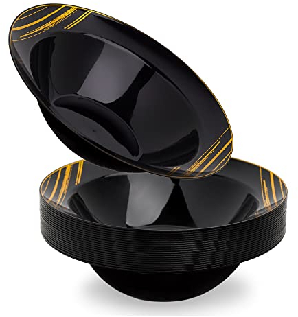 STACKABLES ~ Pack of 20 Hard Plastic Bowls ~ 10oz Black Bowl with Gold Design ~ Elegant Party Reusable Bowls Set for Dessert Dips Candies & Nuts
