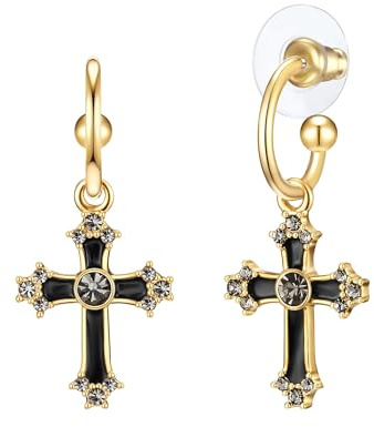 Lulu Jane Damen Ohrringe Metall-Legierung gelbgold | gelbvergoldet 14 Karat, Ohrhänger, Glas, weiß, Kreuz, Emaille schwarz