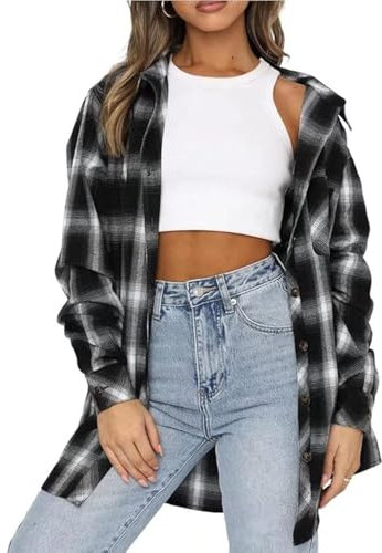 Megfie Chemise surdimensionnée à carreaux en flanelle douce pour femme, chemise enroulable à manches longues en flanelle, noir, Taille S