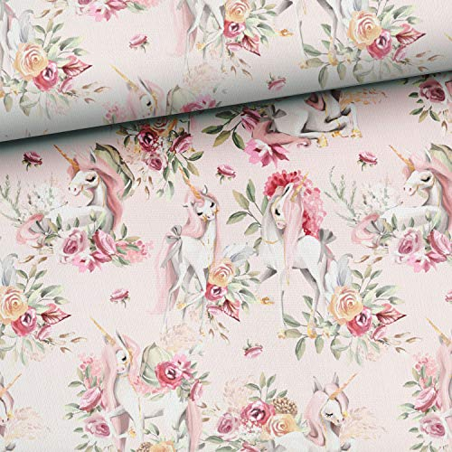 Keine Meterware, Stoffe zum Nähen, Stoff für Kinder und Damen, 92% Baumwolle: 1m Jersey Stoff mit Einhorn und Blumen für Mädchen und Damen - mit rosa pink gelb - Tiere Kinderstoff puderrosa