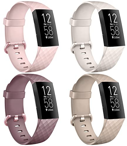 AK 4 Stück Armbänder kompatibel mit Fitbit Charge 4 Armband/Fitbit Charge 3 Armband für Damen und Herren, weiches Silikon, verstellbares Ersatz-Sportarmband für Fitbit Charge 3 SE/Fitbit Charge 4, S