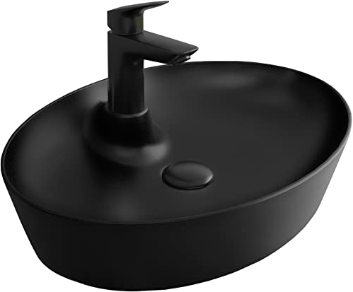 Alpenberger Waschbecken Schwarz Matt | Aufsatzwaschbecken Oval für Badezimmer & Gäste WC | Schale mit Hahnloch für Armatur | Badwaschbecken Waschschale mit Nano Beschichtung aus Keramik