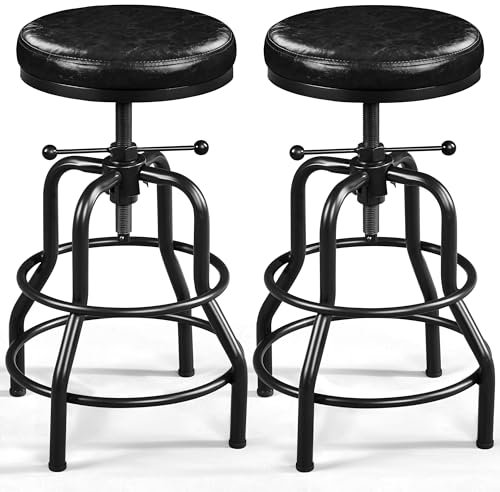 Yaheetech Lot de 2 Tabouret de Bar Industriel en Similicuir Tabouret Haut Rond Réglable en Hauteur avec Deux Repose-Pieds Chaise de Cuisine avec Cadre en Métal pour Cuisine Restaurant Bistrot Noir